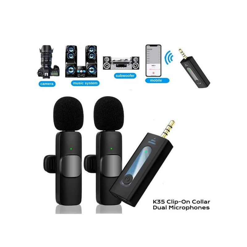 Wireless MIC AUX 3.5mm Mic K35 Wireless Double Microphone For Interview, Vlogging, Podcast # 72