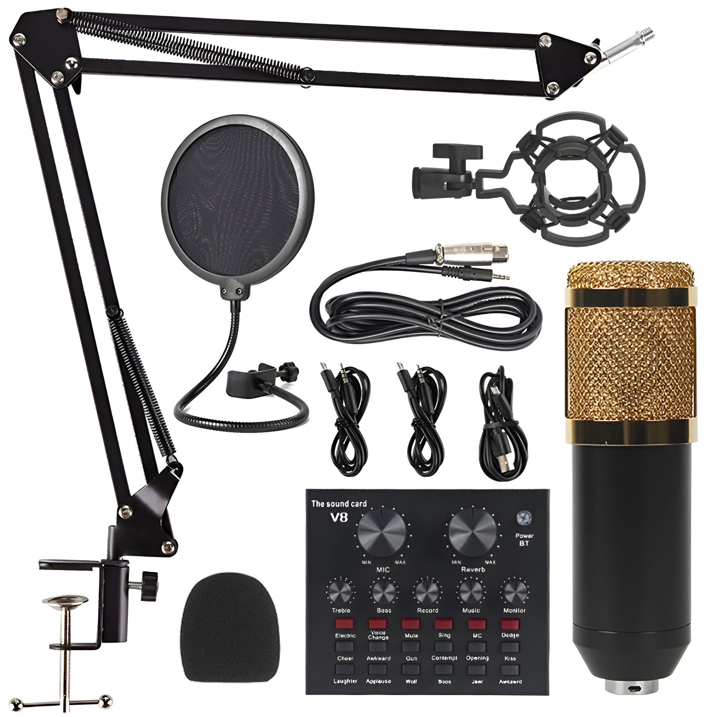 V8 Bm-800 Podcast Mic Set With Live Sound Card, Condenser Microphone With Rechargeable 12 Kinds Of Auxiliary Background For Karaoke Singing, Youtube Recording Mic # 66