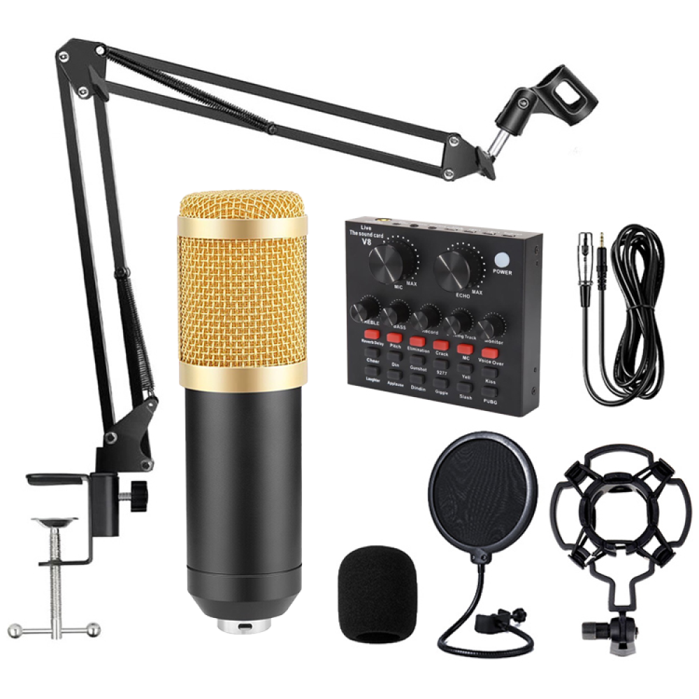 V8 Bm-800 Podcast Mic Set With Live Sound Card, Condenser Microphone With Rechargeable 12 Kinds Of Auxiliary Background For Karaoke Singing, Youtube Recording Mic # 66