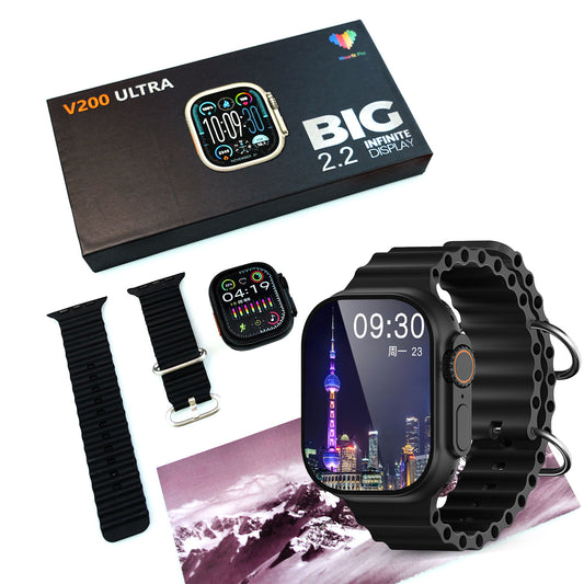 V200 Ultra Smart Watch - 2.3" Display - Bluetooth Calling - Custom Wallpaper - Wireless Charging - Compatible with All Phones - Black # 63