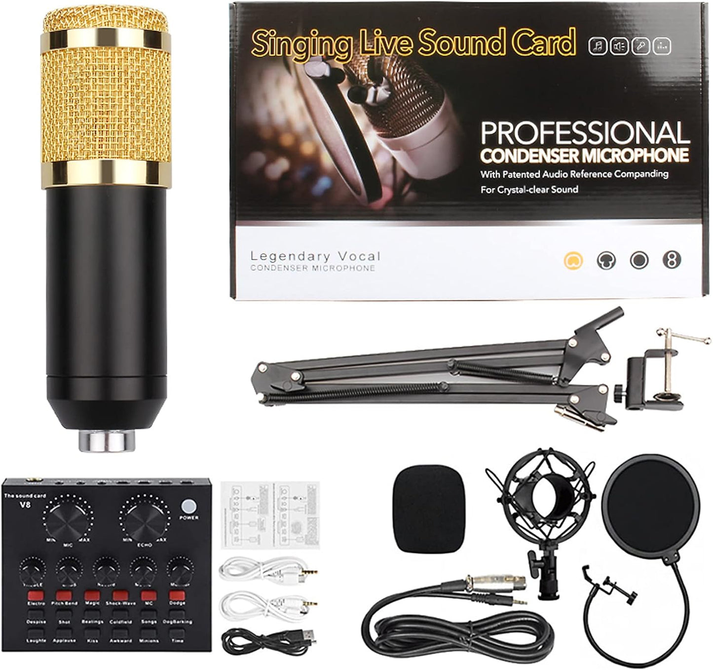 V8 Bm-800 Podcast Mic Set With Live Sound Card, Condenser Microphone With Rechargeable 12 Kinds Of Auxiliary Background For Karaoke Singing, Youtube Recording Mic # 66