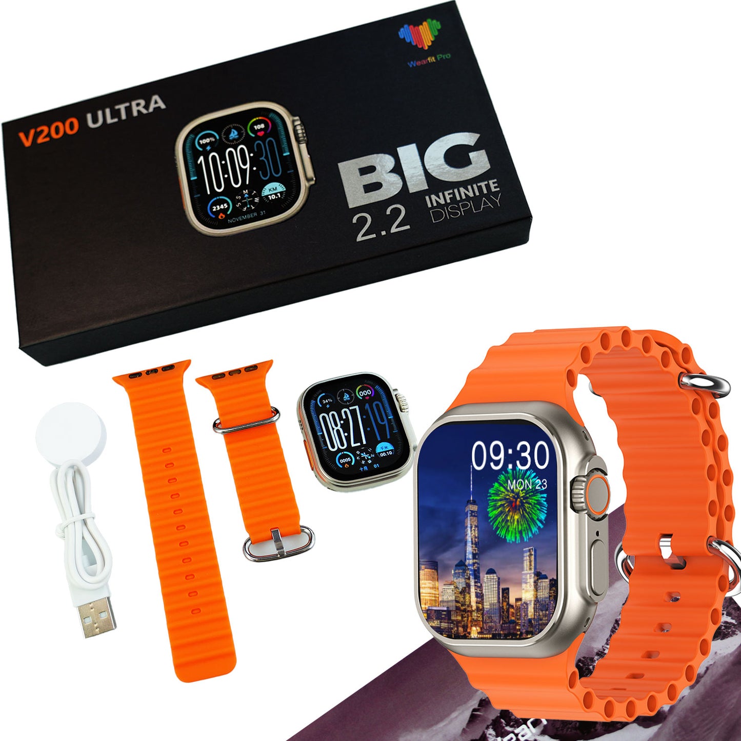 V200 Ultra Smart Watch - 2.3" Display - Bluetooth Calling - Custom Wallpaper - Wireless Charging - Compatible with All Phones - Orange # 64