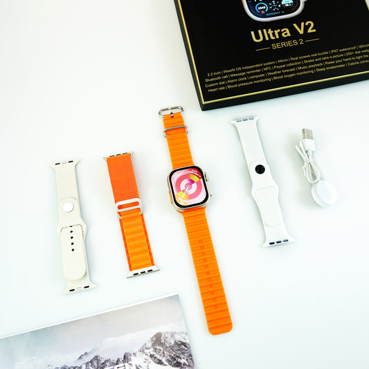 Ultra V2 Smart Watch 2.2 Large Screen With 4 Straps Smart Watch With Wearfit Pro App Orange # 61