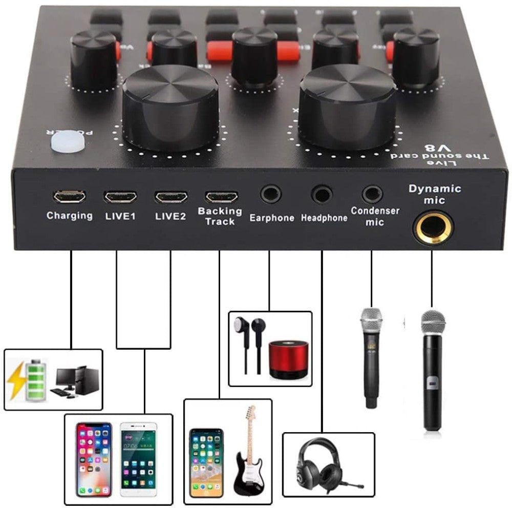 V8 Bm-800 Podcast Mic Set With Live Sound Card, Condenser Microphone With Rechargeable 12 Kinds Of Auxiliary Background For Karaoke Singing, Youtube Recording Mic # 66